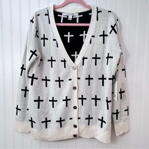 Cream & Black Cross Cardigan Sweater Large Forever 21 God Christian Religious